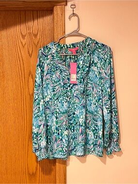 Lilly Pulitzer Teal Multi Long-Sleeve V-Neck Blouse